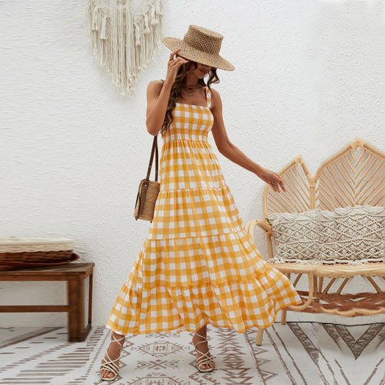Damen Maxikleid mit Karo-Muster und elastischem Oberteil R&B
