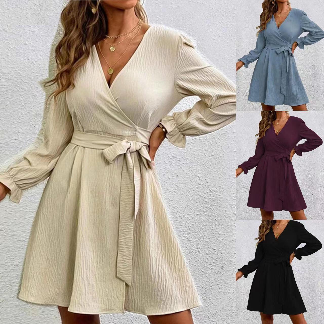Damen Wickelkleid mit ausgestellten Ärmeln und Gürtel R&B