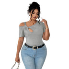 Damen Figurbetontes Kurzarm-Body mit asymmetrischem Ausschnitt und Knotendetail R&B