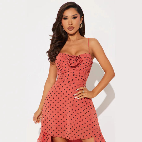 Damen Verspieltes Polka-Dots Maxikleid mit asymmetrischem Rock und floralen Akzenten R&B