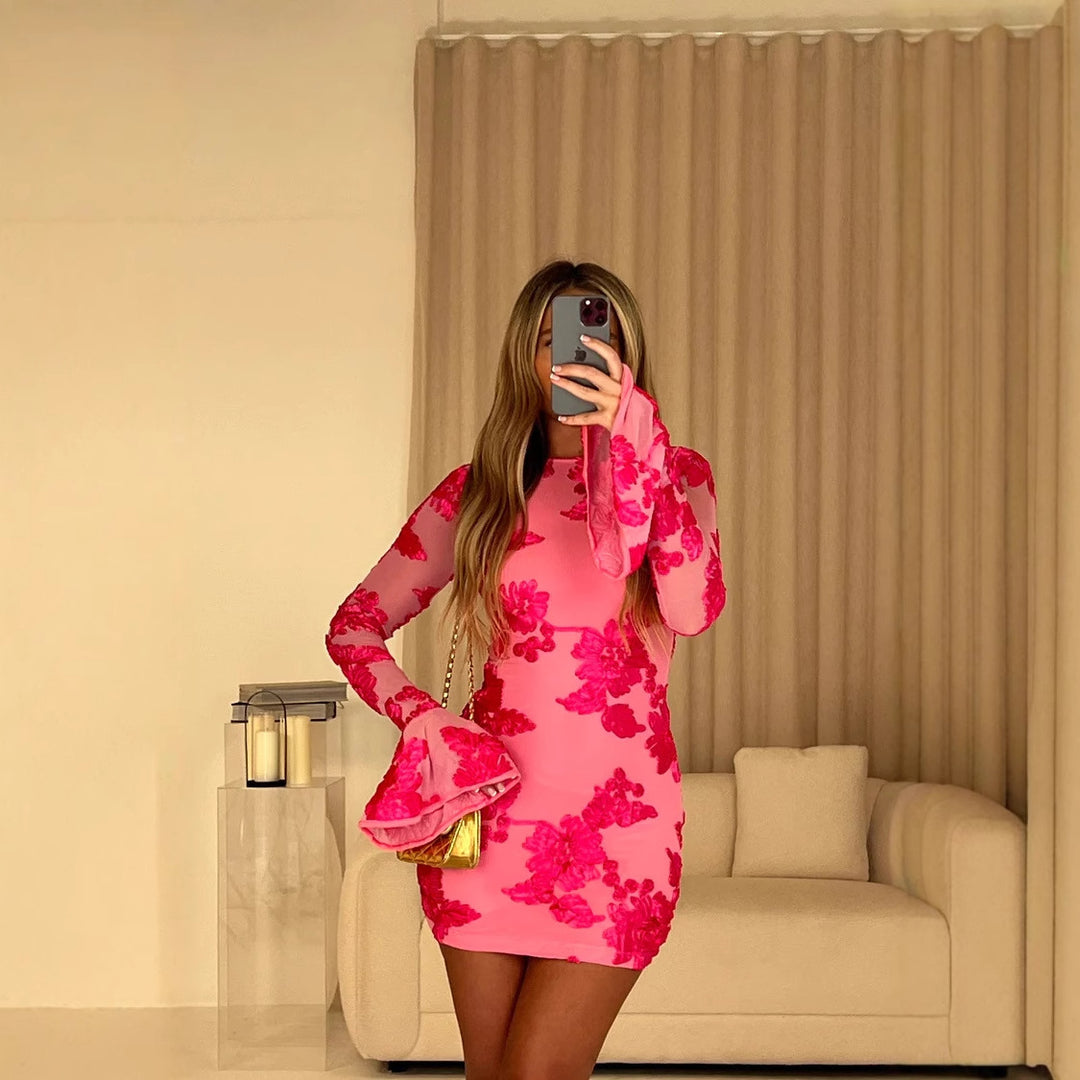 Damen Blusenkleid mit floralem Schmuckdesign und transparenten Ärmel R&B