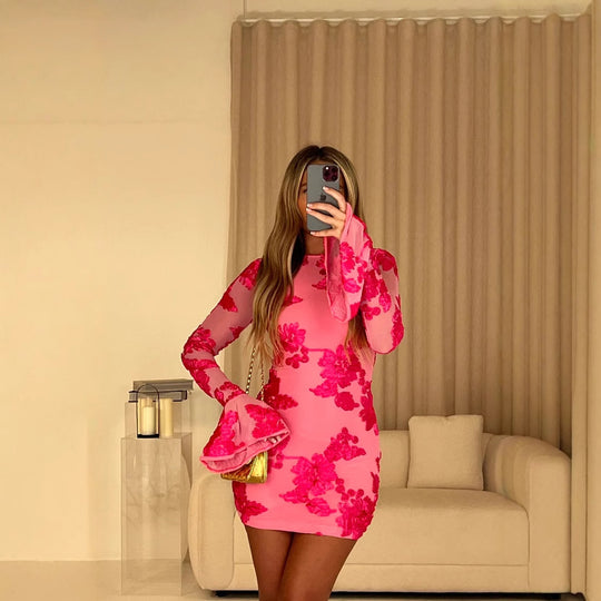 Damen Blusenkleid mit floralem Schmuckdesign und transparenten Ärmel R&B