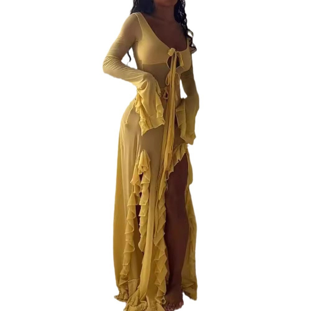 Damen Maxikleid mit raffinierten Rüschen und tiefem Ausschnitt R&B