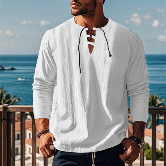 Herren modisches Langarmshirt mit Schnürung und V-Ausschnitt R&B