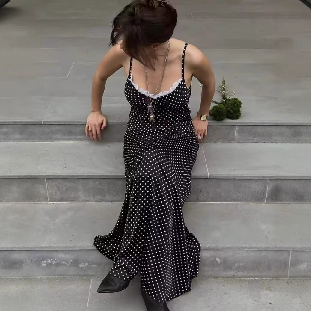 Damen Maxikleid mit Punkten und eleganter Spitzenverzierung R&B
