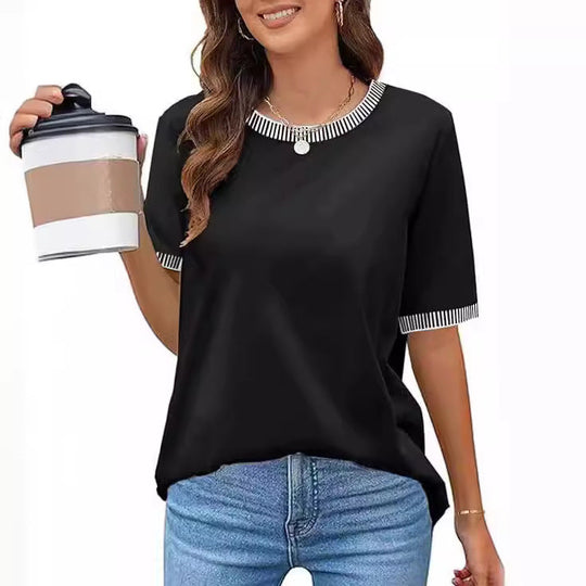 Damen Lässiges Kurzarm-Shirt mit Modischem Streifenkragen R&B