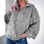 Damen kuschelige Fleece-Pulloverjacke mit Reißverschluss und weiten Ärmeln