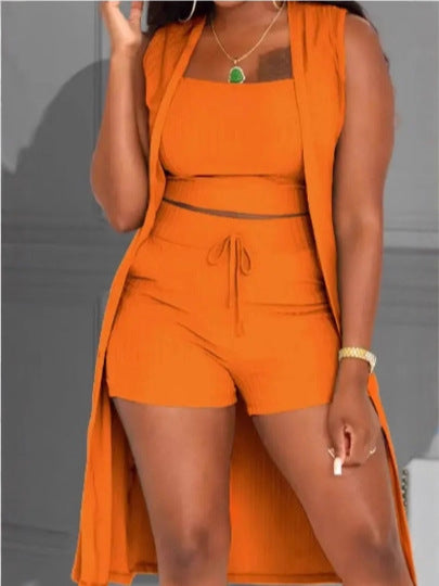 Damen lässiges 3-teiliges Set bestehend aus Crop-Top, Shorts und langem Cardigan R&B