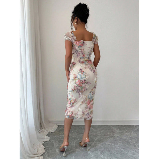 Damen Midikleid mit floralem Muster und zarter Rüschendetails R&B