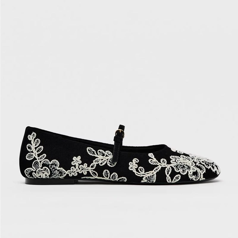 Damen Ballerinas mit verstellbarem Riemendesign und aufwendiger Blumenstickerei R&B