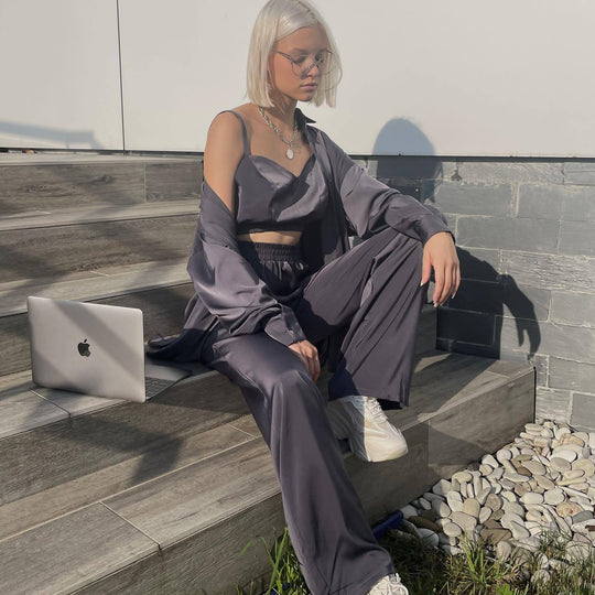Damen elegantes Satin-Loungewear-Set mit Stretch-Bund und ärmelloser Bluse R&B