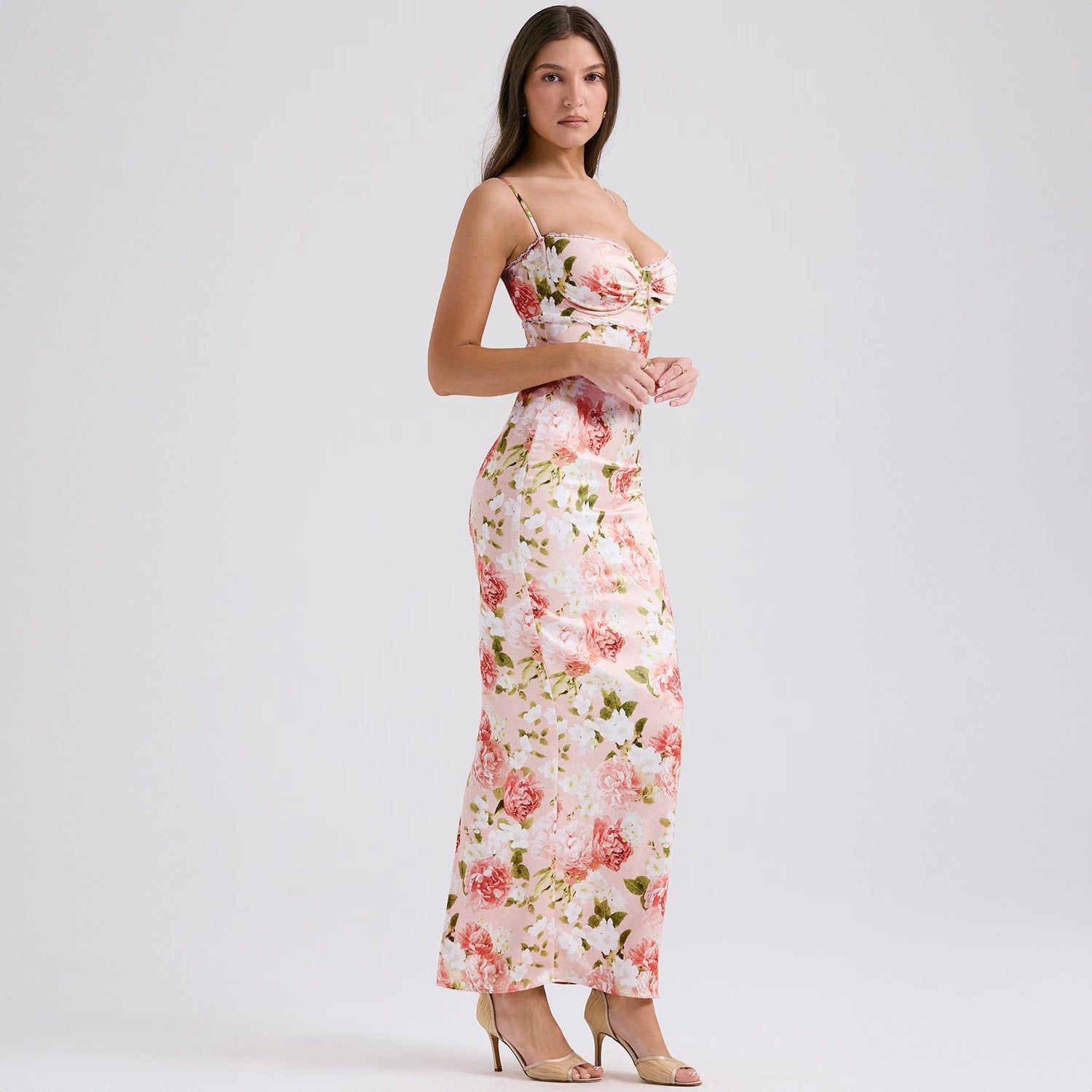 Damen Elegantes figurbetontes Maxikleid mit floralem Design R&B