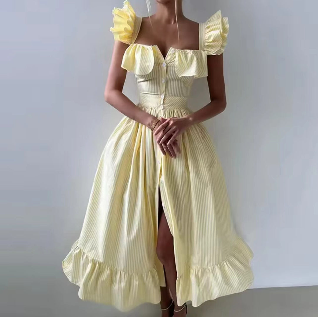 Damen Maxikleid mit voluminösem Rüschen-Design und Knopfverschluss R&B