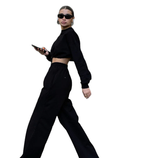 Damen trendiges Cropped Sweatshirt und weite Hose Set R&B