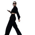 Damen trendiges Cropped Sweatshirt und weite Hose Set