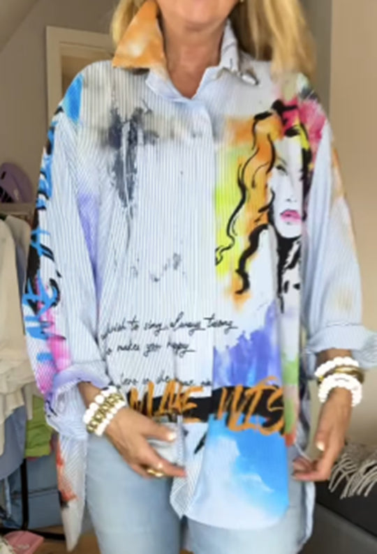 Damen nan weit geschnittene Hemdbluse mit künstlerischem Graffiti-Print, feiner Nadelstreifenstruktur und verlängertem Saum R&B
