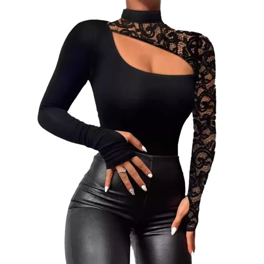Damen Elegantes Oberteil mit transparenten Spitzenärmeln und asymmetrischem Ausschnitt R&B