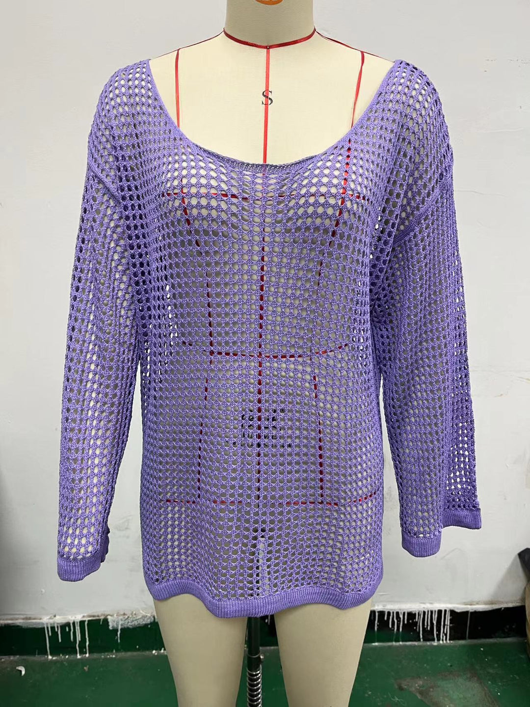 Damen lässiger Netzpullover mit weitem Schnitt und U-Boot-Ausschnitt R&B