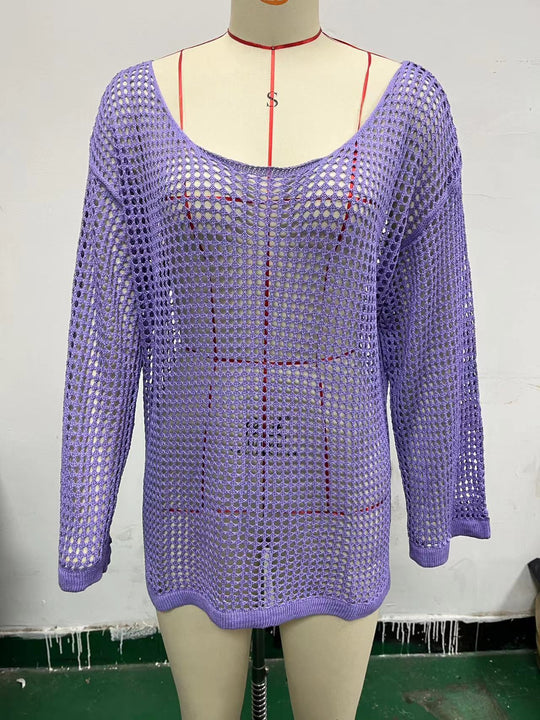 Damen lässiger Netzpullover mit weitem Schnitt und U-Boot-Ausschnitt R&B