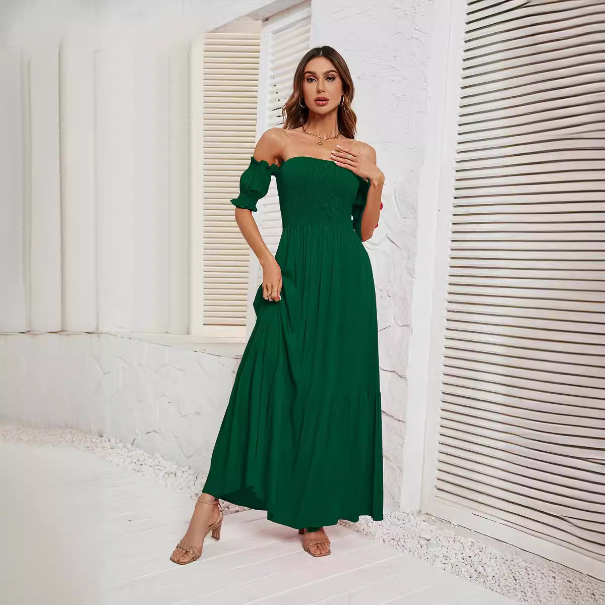 Damen Maxikleid mit schulterfreiem Schnitt und romantischen Puffärmeln R&B