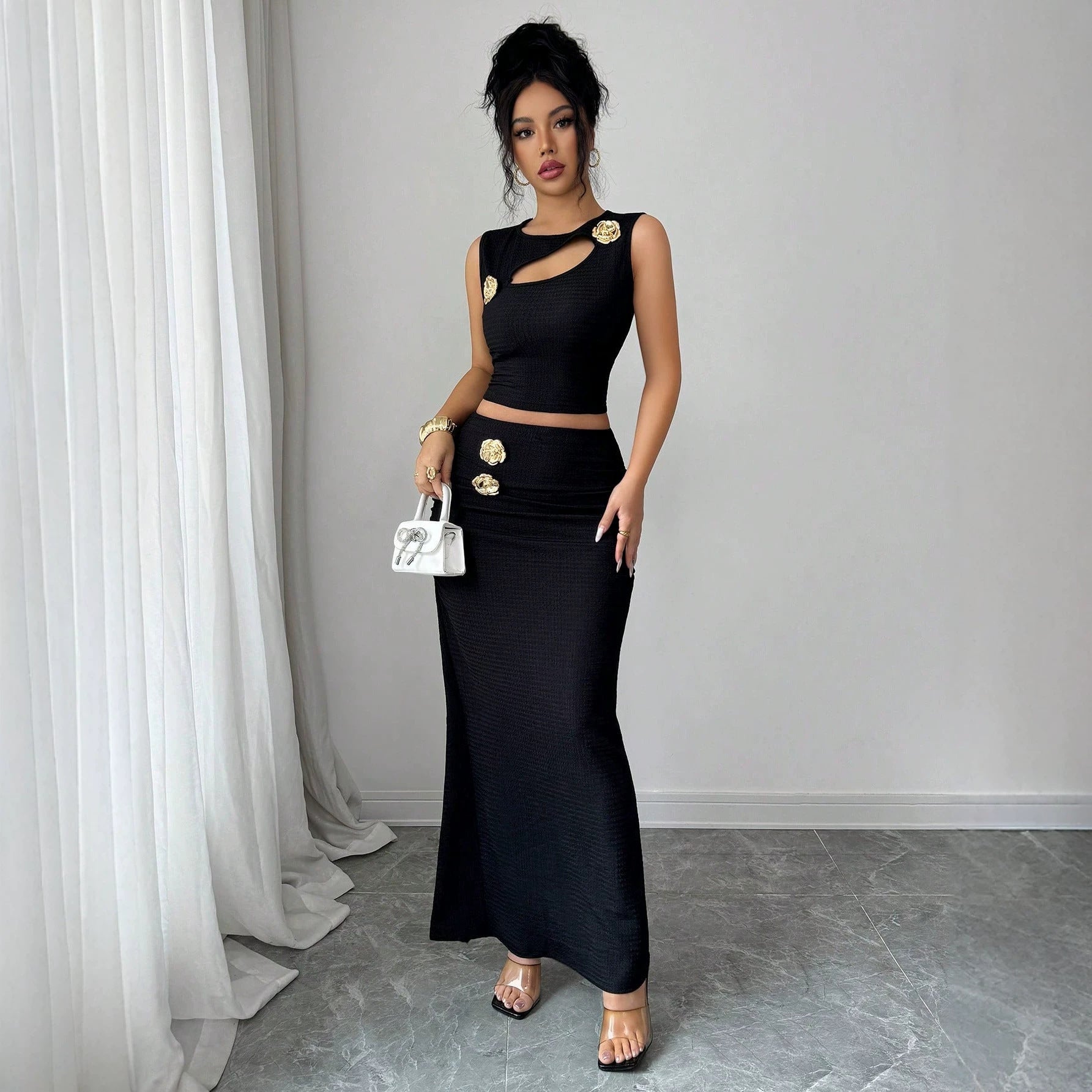 Damen nan zweiteiliges tailliertes Set mit asymmetrischem Cut-Out Crop-Top und figurbetontem Maxi-Bleistiftrock R&B