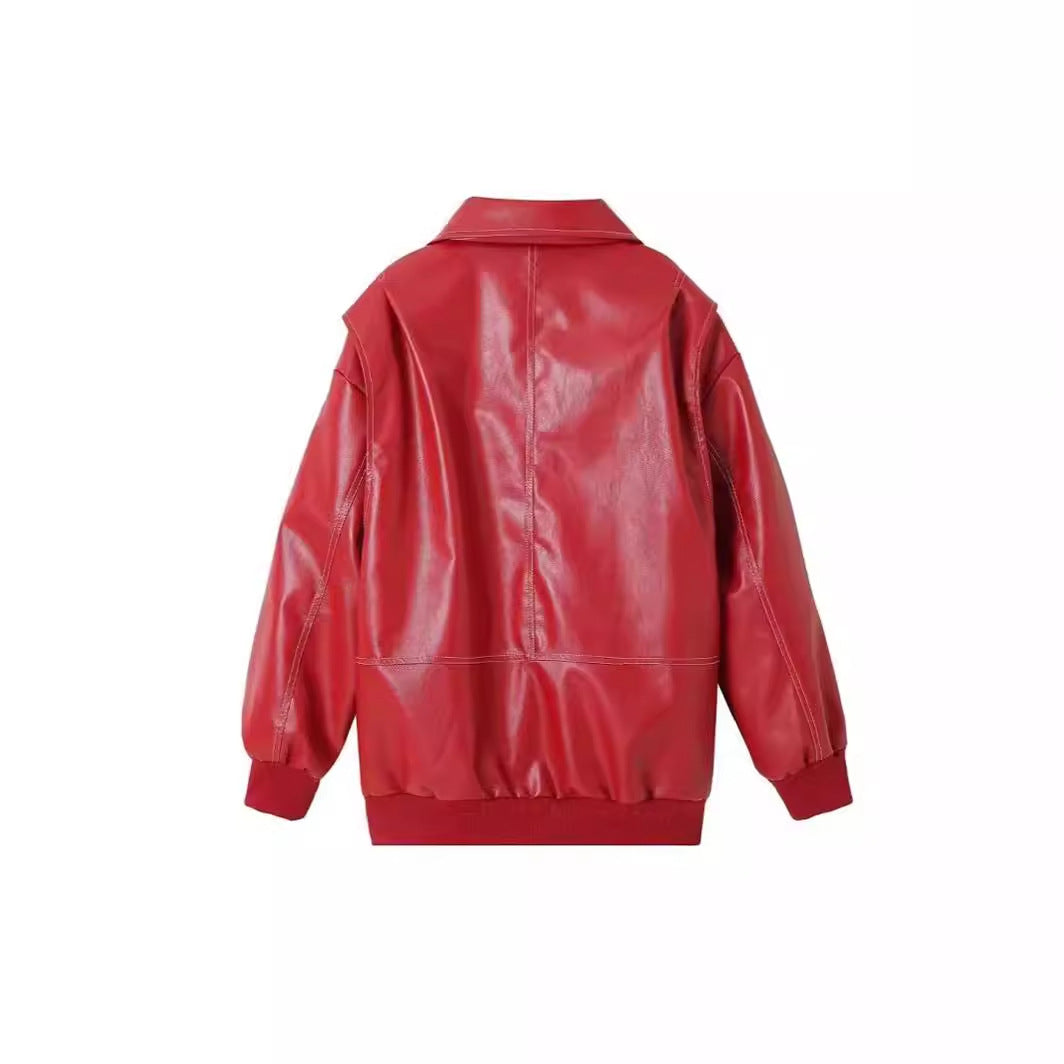 Damen stylische Kunstlederjacke mit voluminösen Ärmeln und praktischen Zipper-Taschen R&B