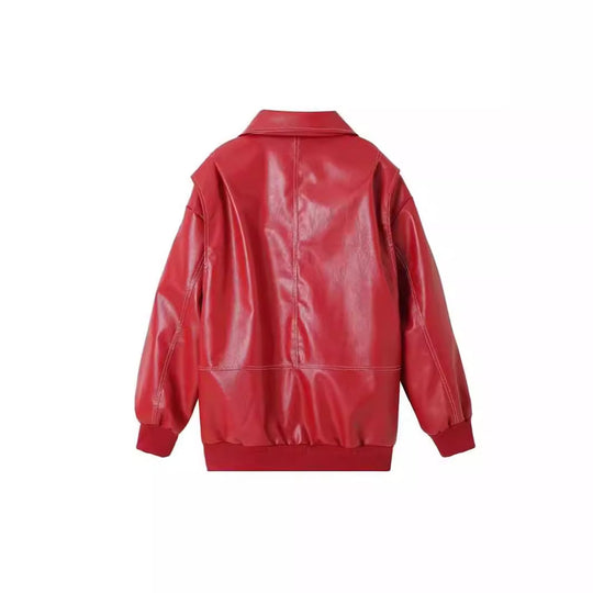 Damen stylische Kunstlederjacke mit voluminösen Ärmeln und praktischen Zipper-Taschen R&B