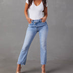 Damen modische Hochwasser Jeans im lässigen Vintage-Stil mit fransigem Saum R&B