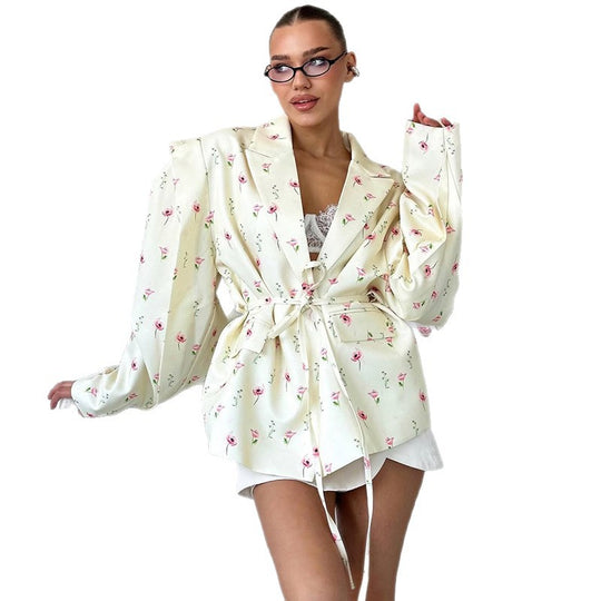 Damen Elegante Blazerjacke mit floralem Design und Taillengürtel R&B