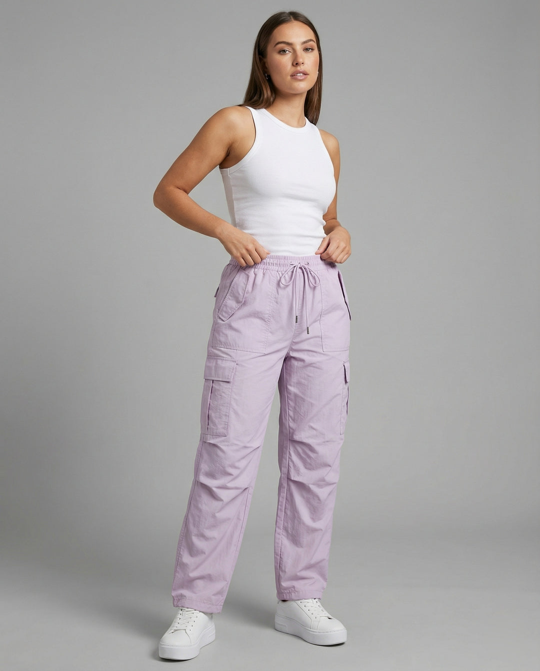 Damen nan ultraleichte Freizeit-Hose mit hohem Elastikbund, Kordelzug und verstellbarem Beinabschluss R&B