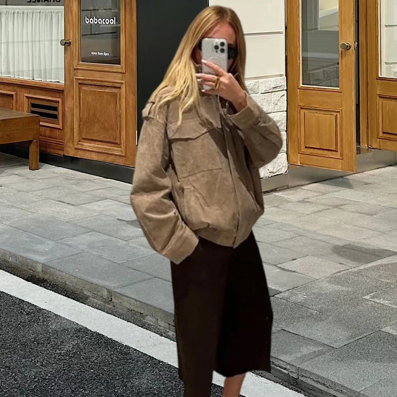Damen Modische Oversized-Wildlederjacke mit praktischen Taschen und hohem Kragen R&B