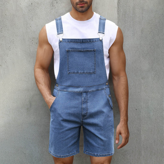 Herren Latzshorts aus Baumwoll-Denim mit praktischen Taschen und verstellbaren Trägern R&B