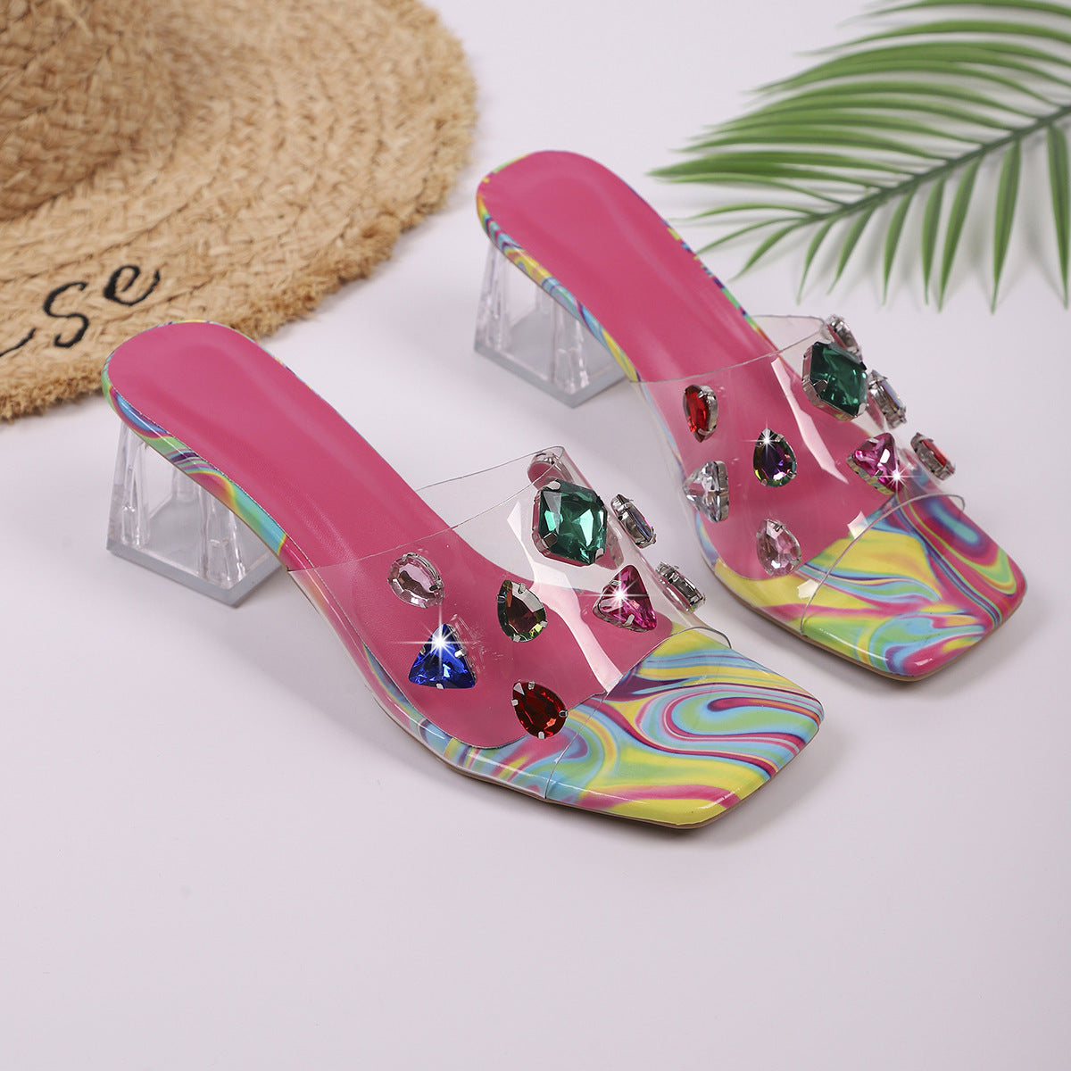 Damen Blockabsatz Sandalen mit funkelnden Strasssteinen und transparentem Obermaterial