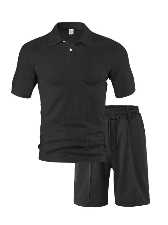 Herren nan zweiteiliges Sommer-Reise-Set mit texturiertem Kurzarm-Poloshirt und funktionalen Mesh-Shorts R&B