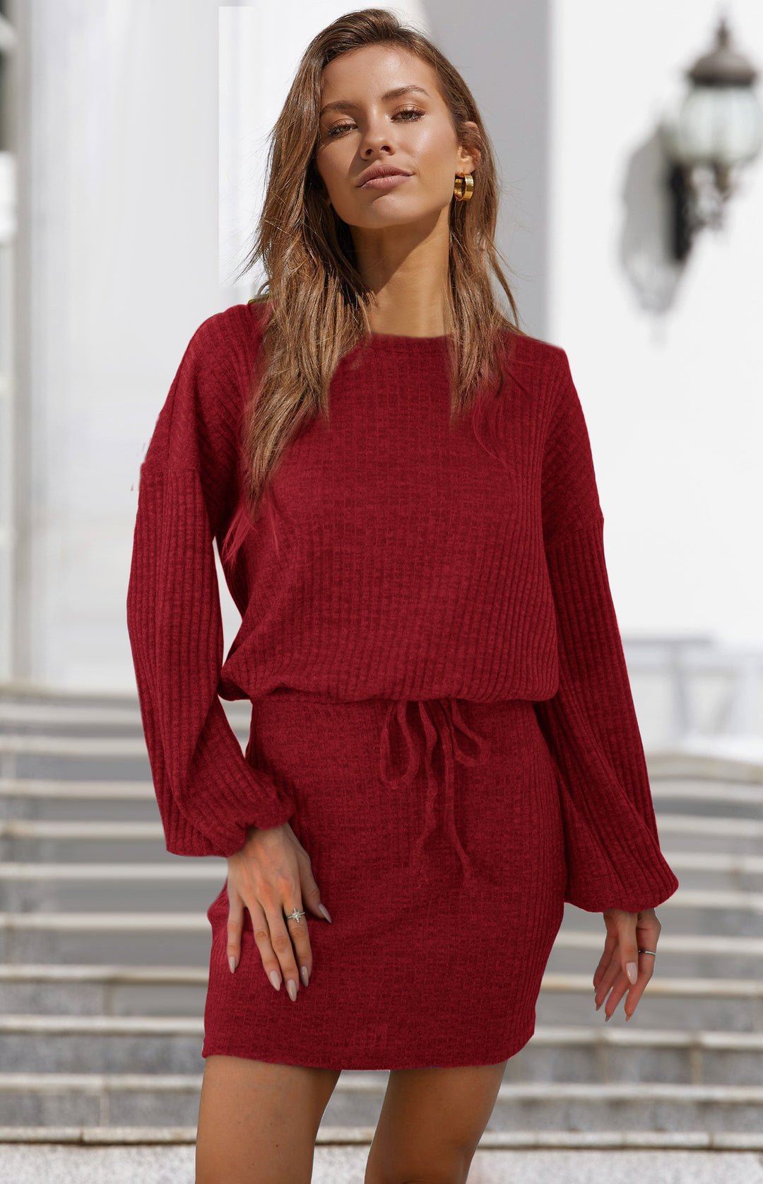 Damen Strickkleid mit elastischem Taillenbund und lässigen Puffärmeln R&B