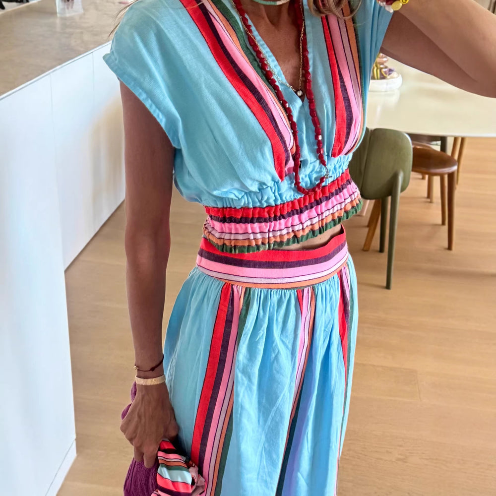Damen Strandmaxi-Kleid mit elastischem Taillenbund und buntem Streifenmuster R&B