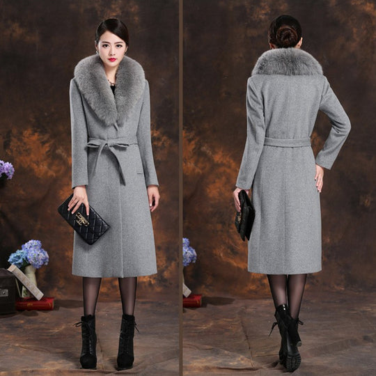Damen elegante Wollmantel mit abnehmbarem Pelzkragen R&B