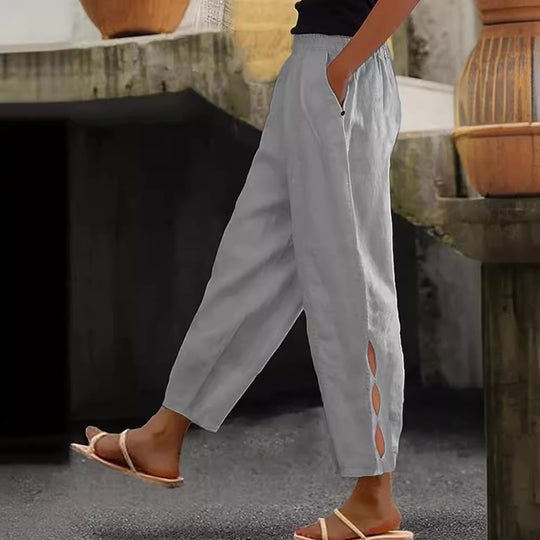 Damen Leichte Leinenhose mit seitlichen Schlitzen und elastischem Bund R&B