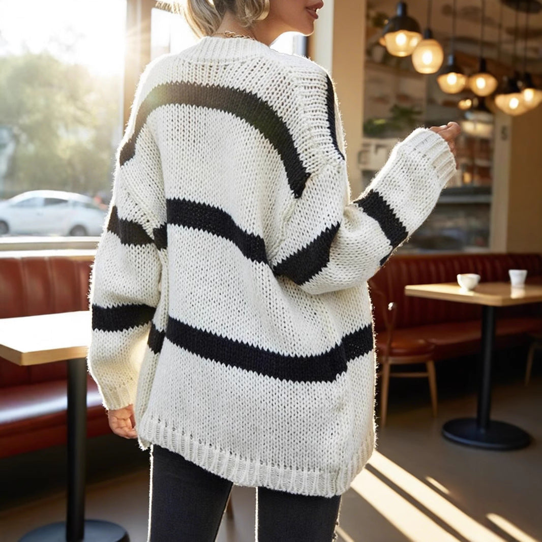 Damen Grobstrickjacke mit modischen Streifen R&B