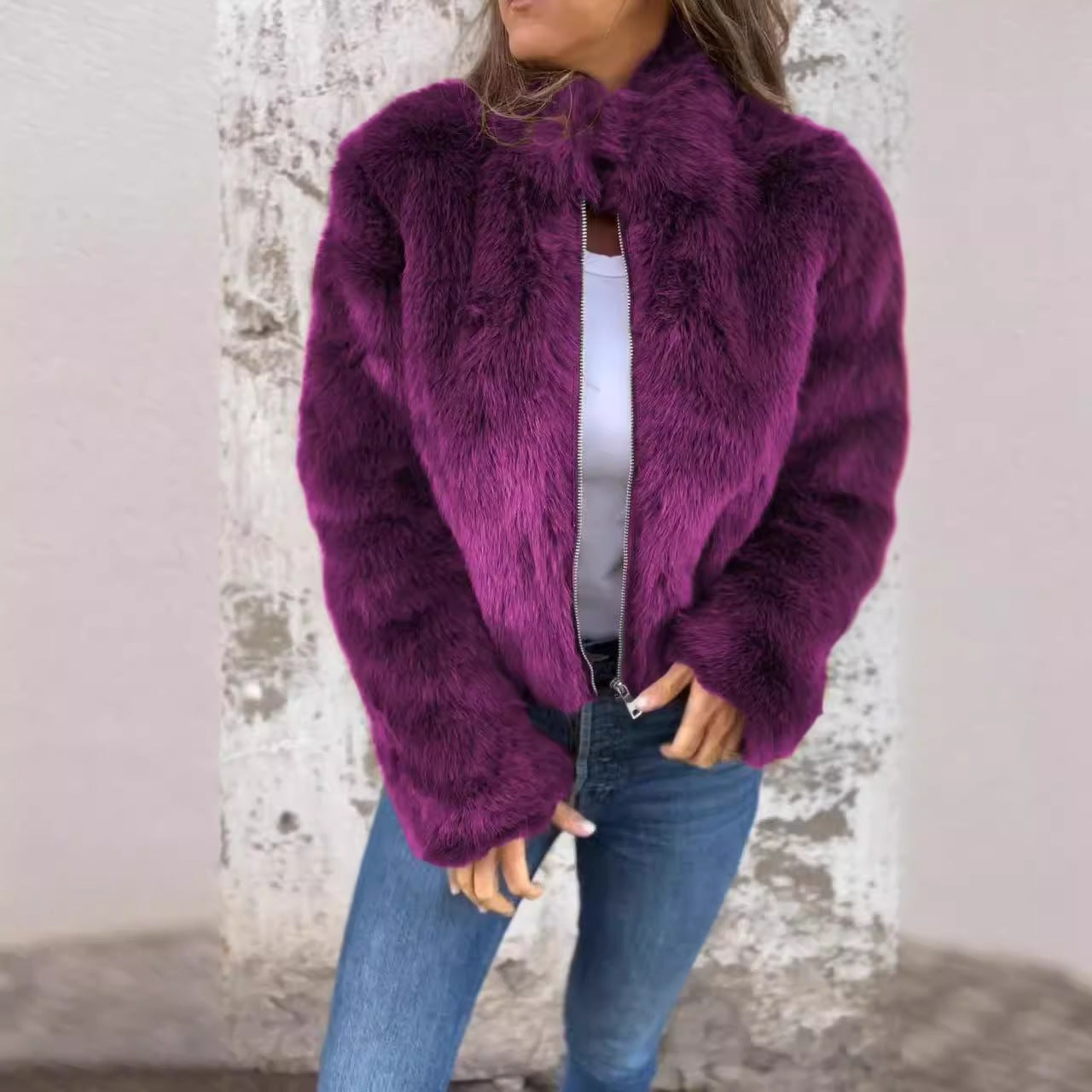Damen kuschelige Fleecejacke mit hohem Kragen und Reißverschluss