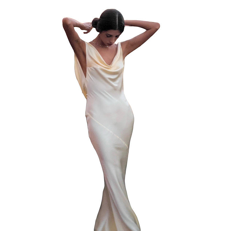 Damen Elegantes Satin-Maxikleid mit asymmetrischem Oberteil und fließendem Schnitt R&B