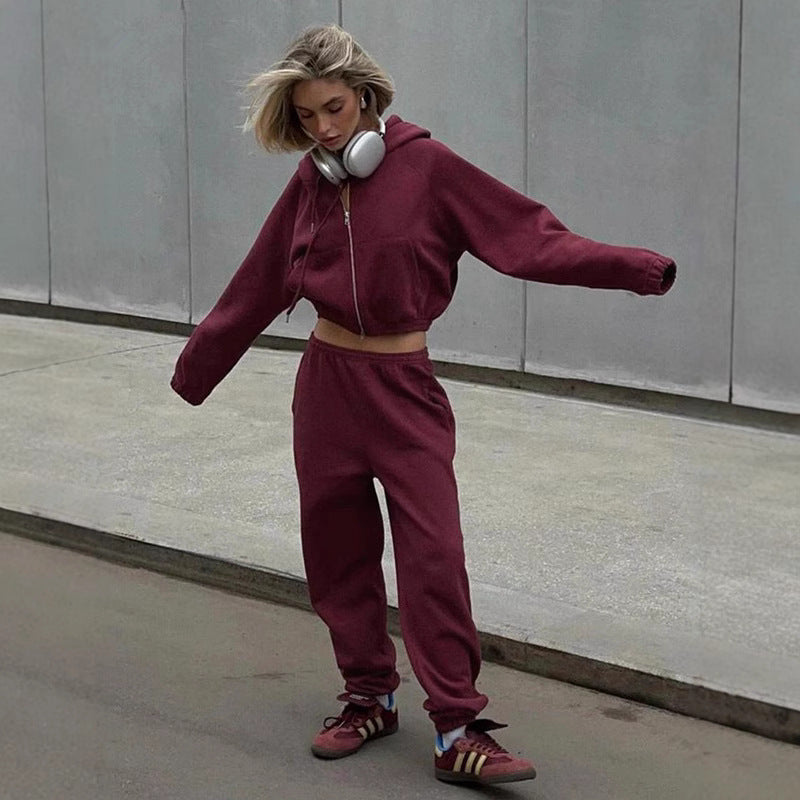 Damen Sportliches Hoodie-Set mit hohem Kragen und bequemen Hosen R&B