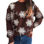 Damen kuscheliger Strickpullover mit floralen Applikationen und Rundhalsausschnitt R&B