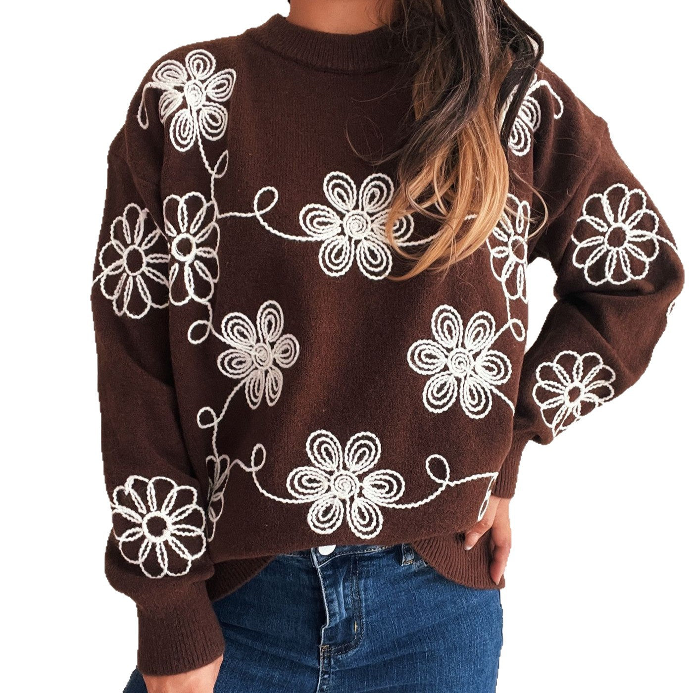 Damen kuscheliger Strickpullover mit floralen Applikationen und Rundhalsausschnitt R&B