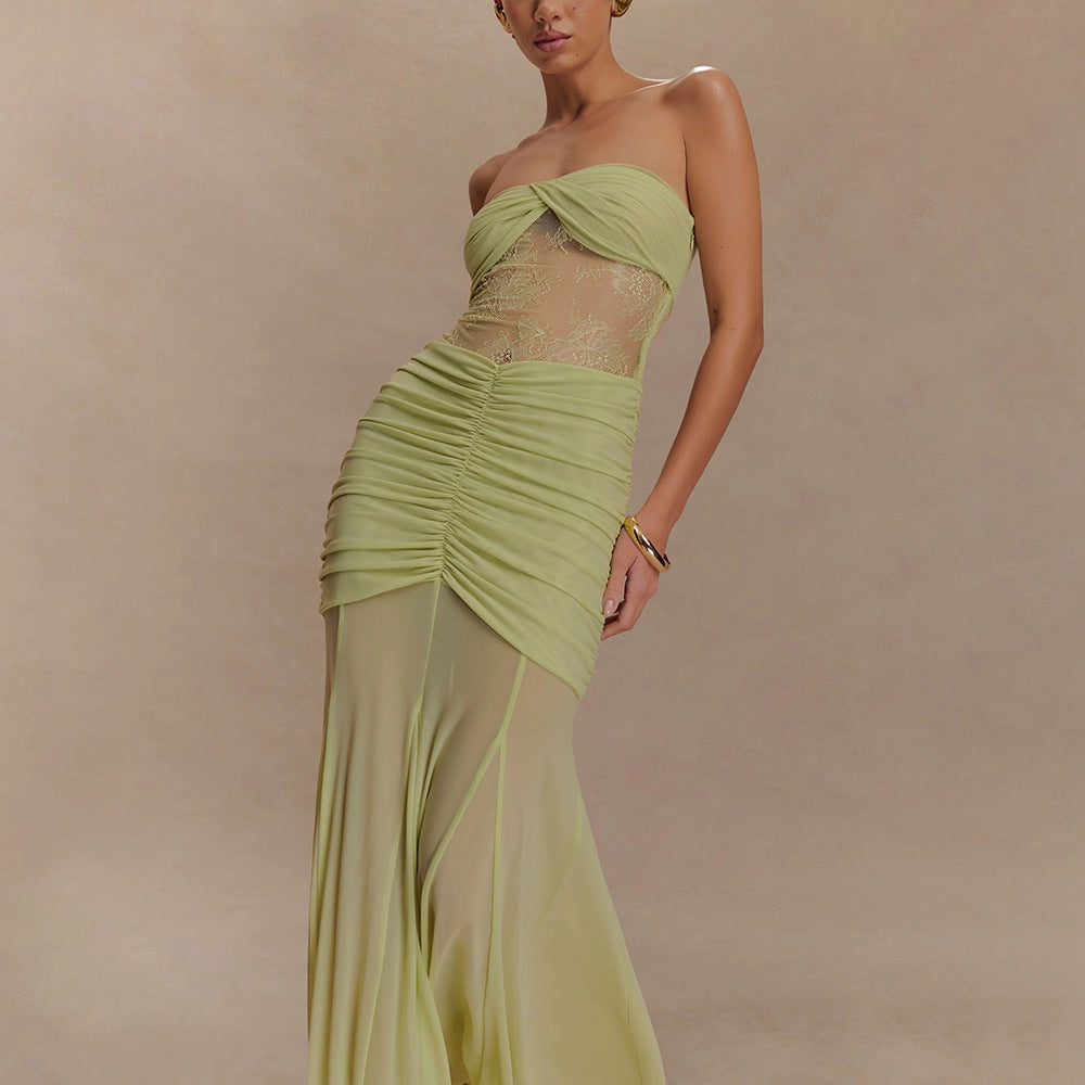 Damen Strapless Maxikleid mit raffinierten Drapierungen und Spitzen-Mix R&B