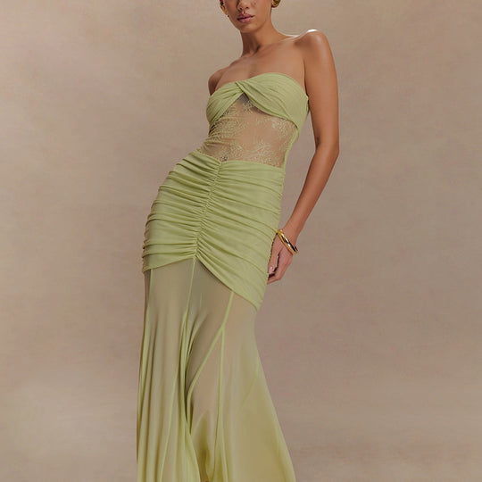 Damen Strapless Maxikleid mit raffinierten Drapierungen und Spitzen-Mix R&B
