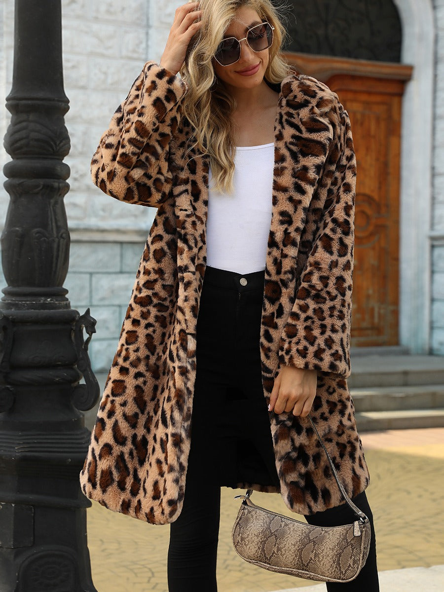 Damen Eleganter Leopardenmuster Mantel aus Kunstfell R&B