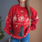 Damen gestrickter Weihnachtspullover mit festlichen Motiven und lässigem Schnitt R&B
