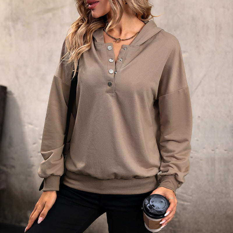 Damen Kapuzenpullover mit überschnittenen Schultern und Knopfdetails R&B