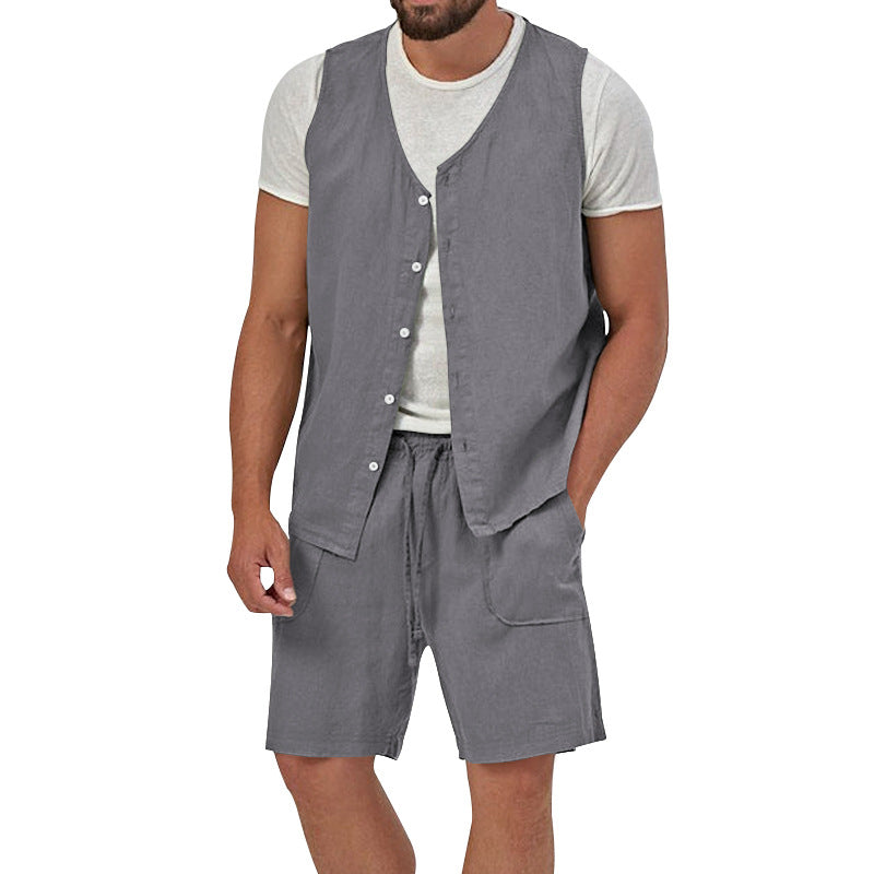 Herren nan zweiteiliges Freizeit-Set mit ärmelloser Knopfweste und weiten Kordelzug-Shorts mit aufgesetzten Taschen R&B